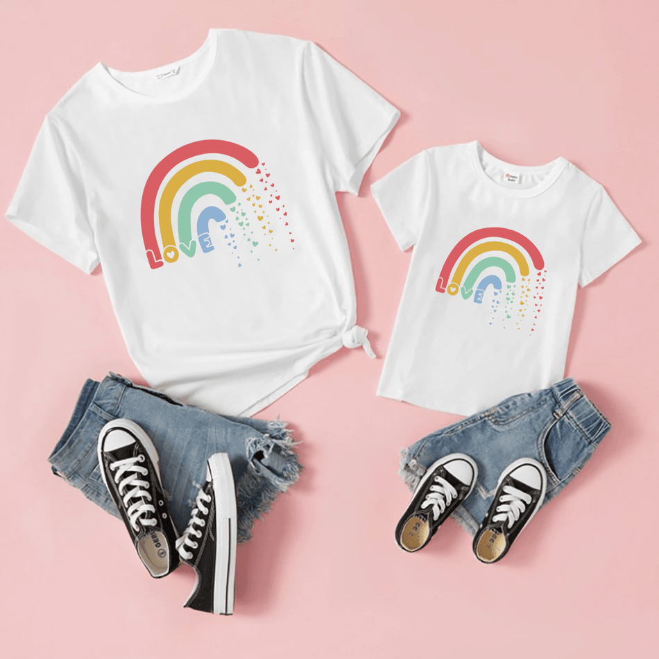 Rainbow Print White Short-sleeve T-shirts for Mom and Me White