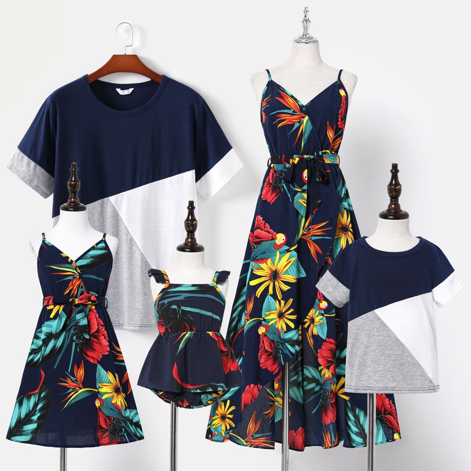 Family Matching Floral Print V Neck Spaghetti Strap Midi Dresses and Colorblock Short-sleeve T-shirts Sets Multi-color