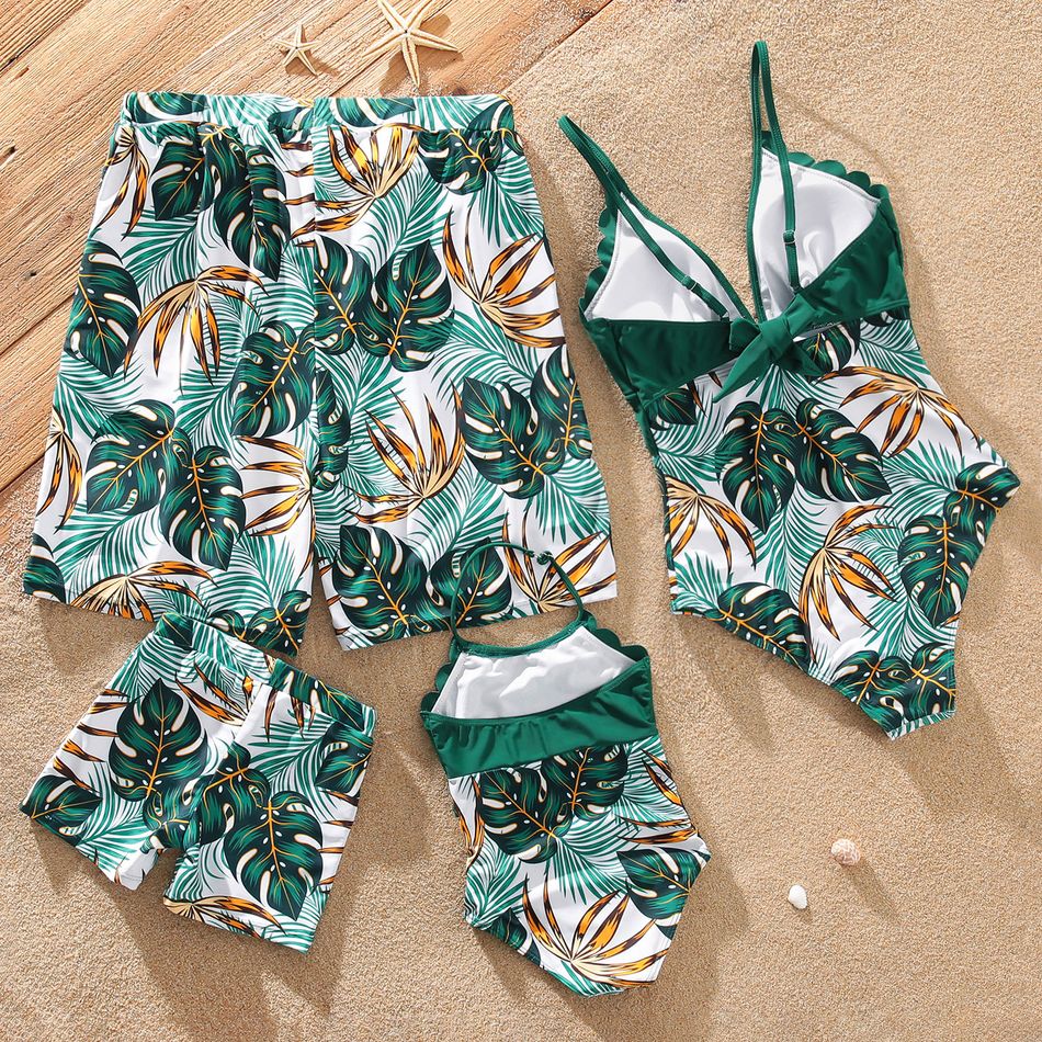 Family Matching Allover Plants Print Swim Trunks Shorts and V Neck Spaghetti Strap Splicing One-Piece Swimsuit Dark Green big image 6