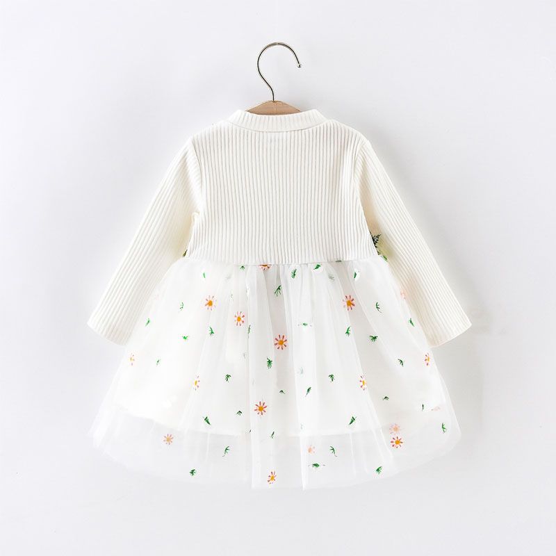 Baby Girl White Ribbed Long-sleeve Splicing Floral Embroidered Mesh Dress White big image 2