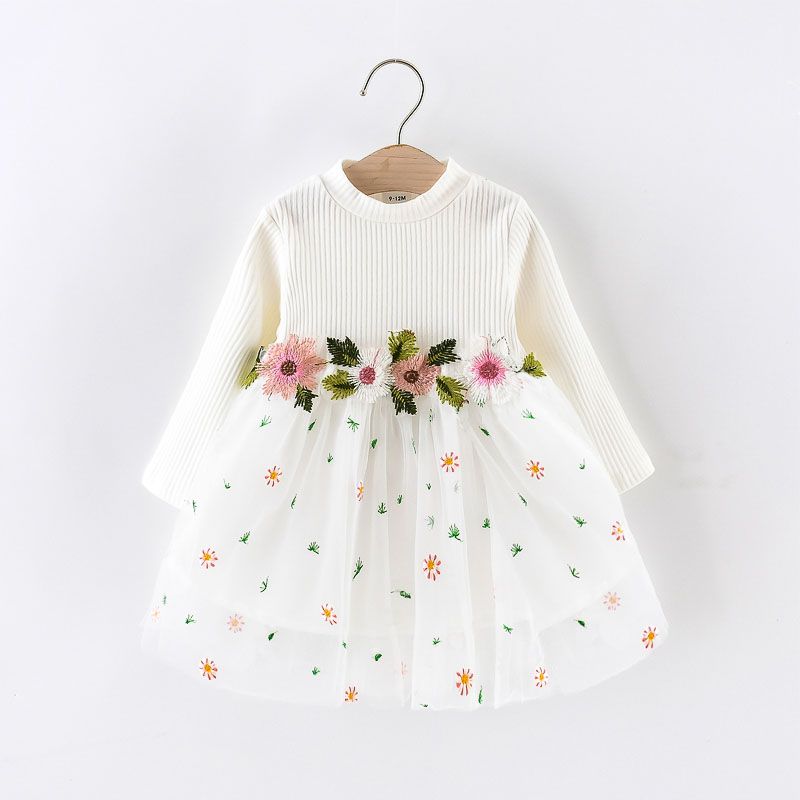 Baby Girl White Ribbed Long-sleeve Splicing Floral Embroidered Mesh Dress White
