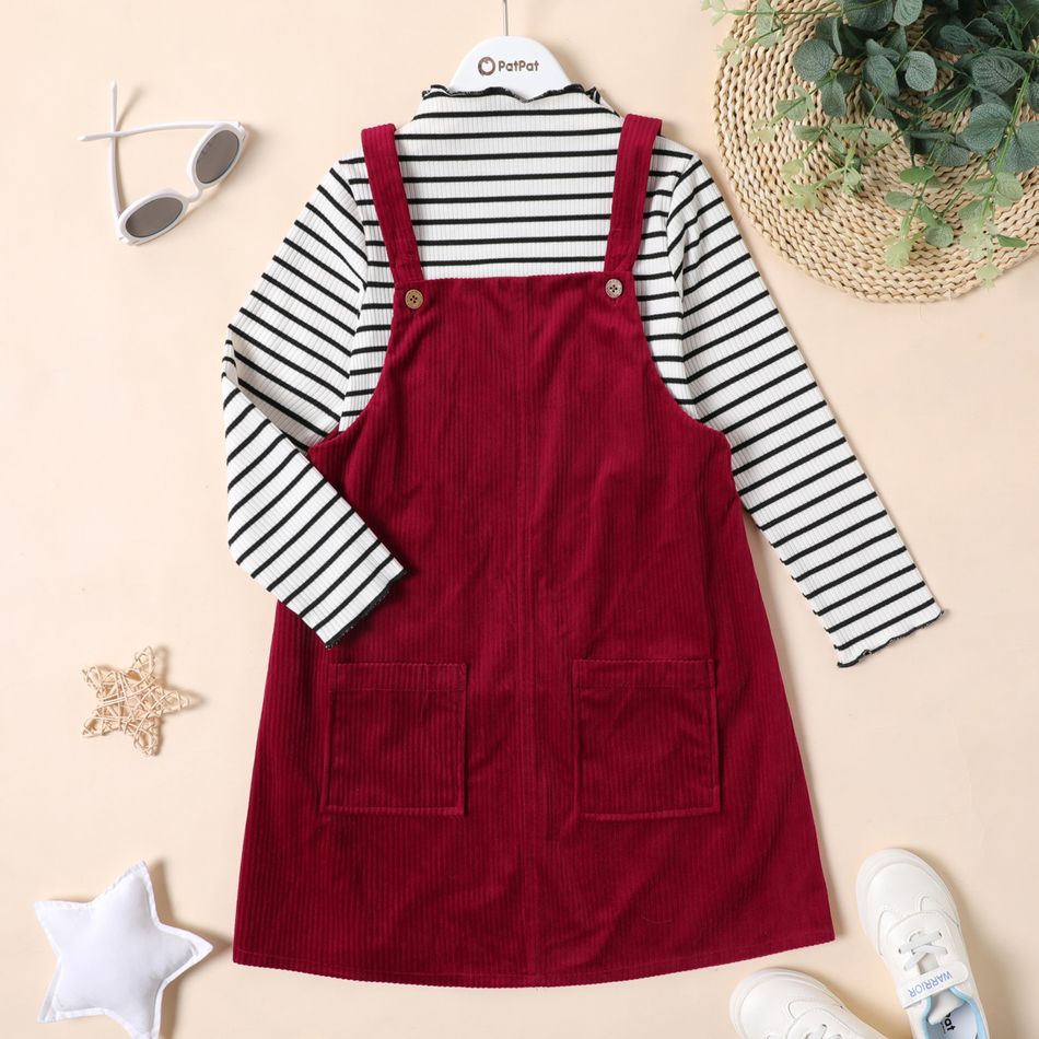 2-piece Kid Girl Mock Neck Stripe Long-sleeve Tee and Tie Knot Solid Color Overall Dress Set Burgundy