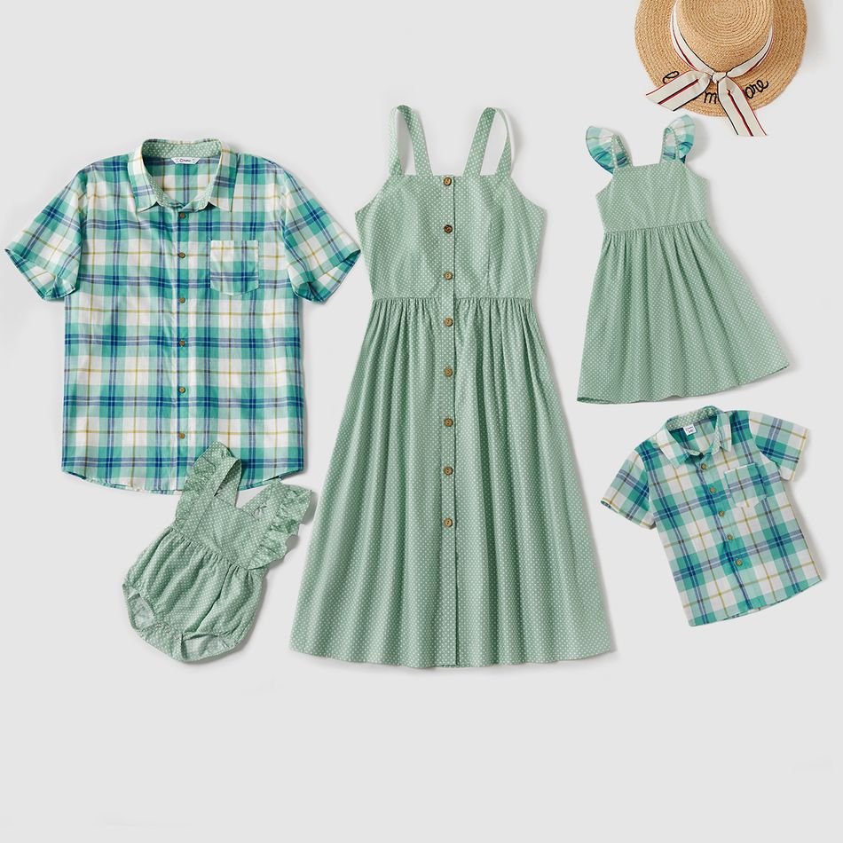 Mosaic Family Matching Green 100% Cotton Tank Dresses and Plaid Short Sleeve Shirts Green