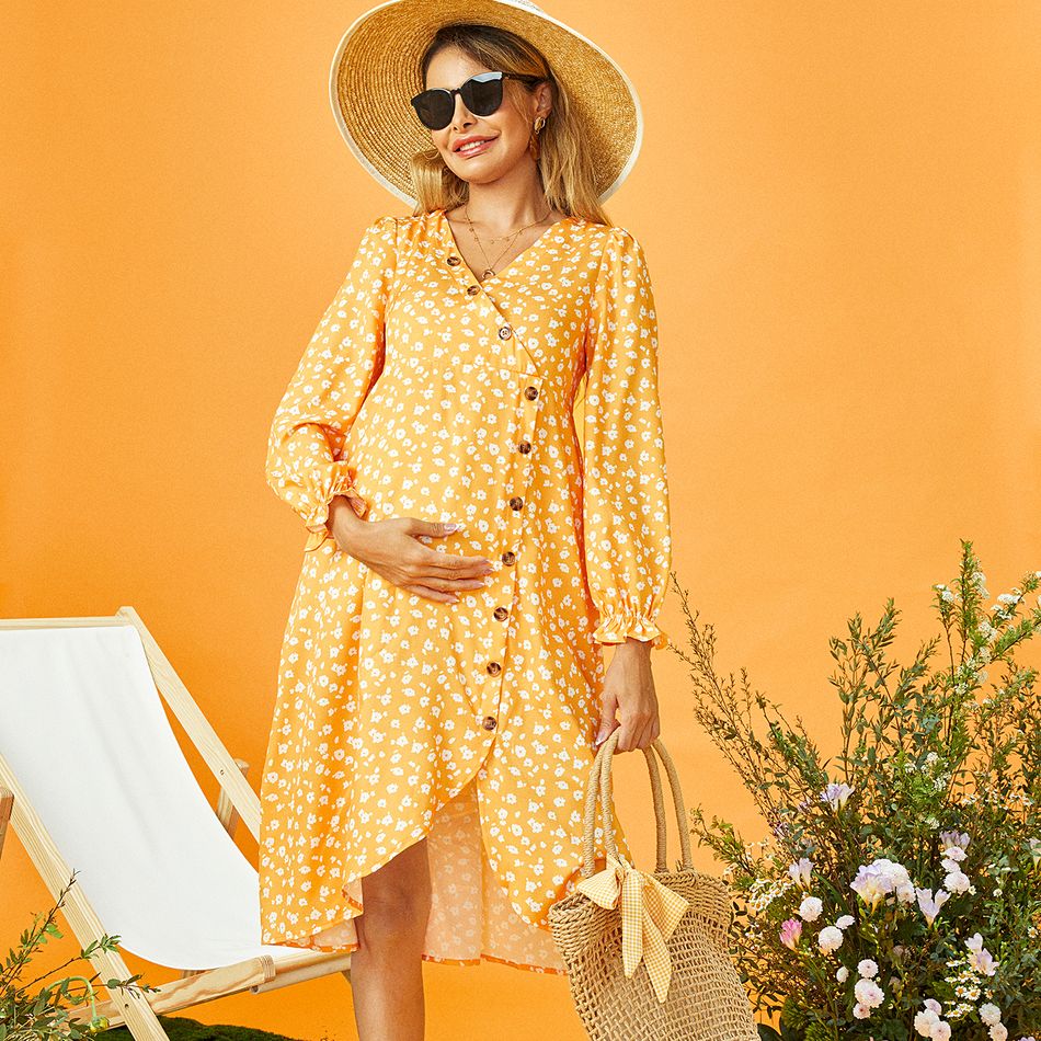 Nursing Yellow Floral Print Button Through Shirt Maternity Dress Yellow