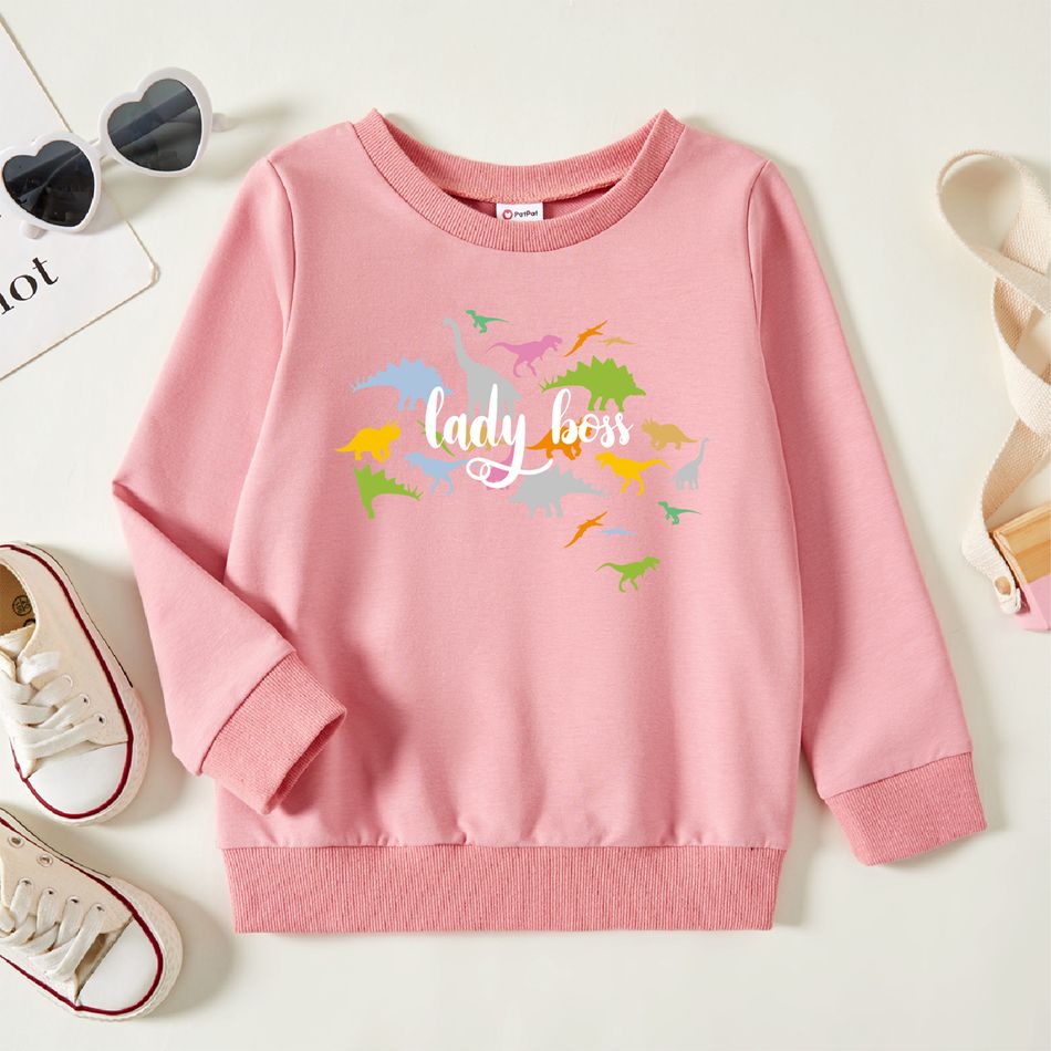 Toddler Girl Letter DinosaurPrint  Pink Long-sleeve Pullover Sweatshirt Pink