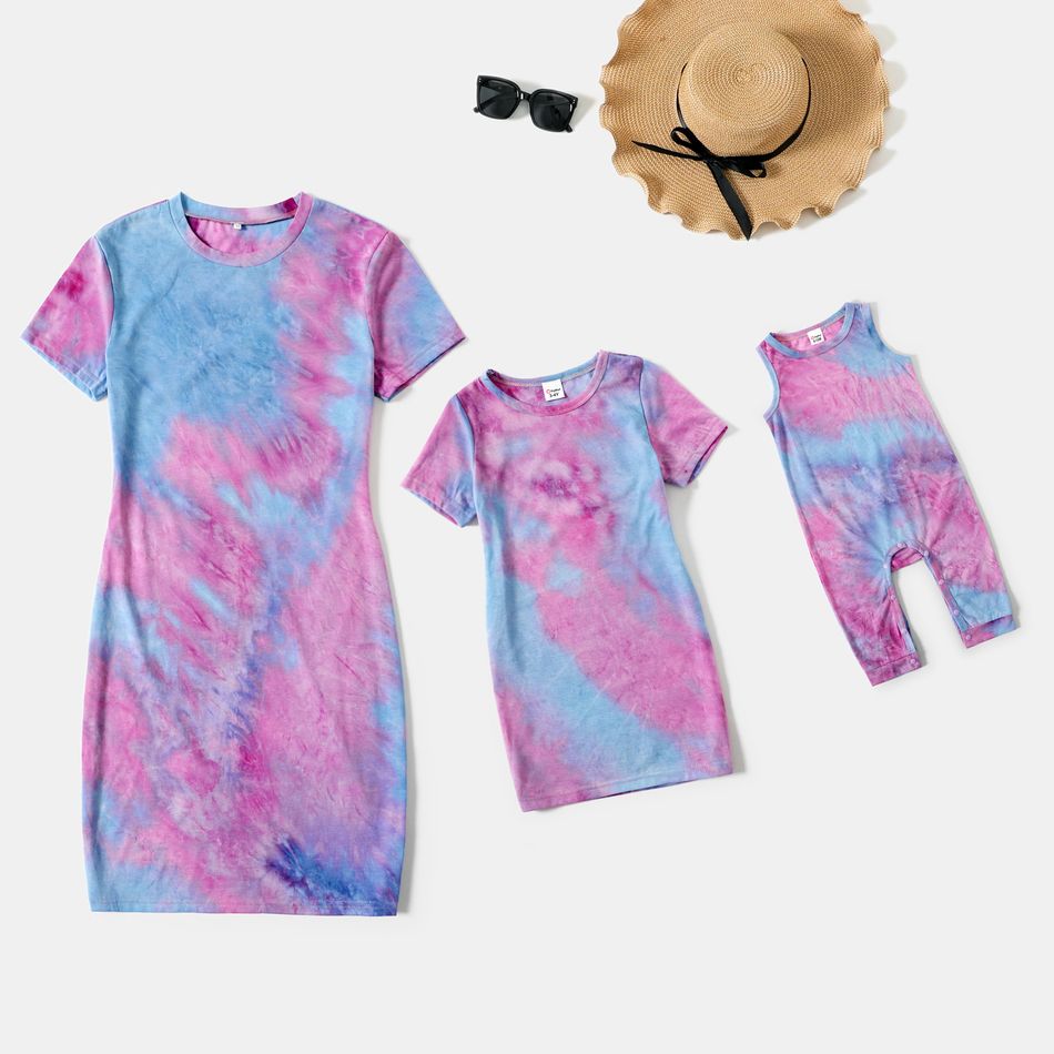 Tie Dye Round Neck Short-sleeve Bodycon T-shirt Dress for Mom and Me bluishviolet big image 1