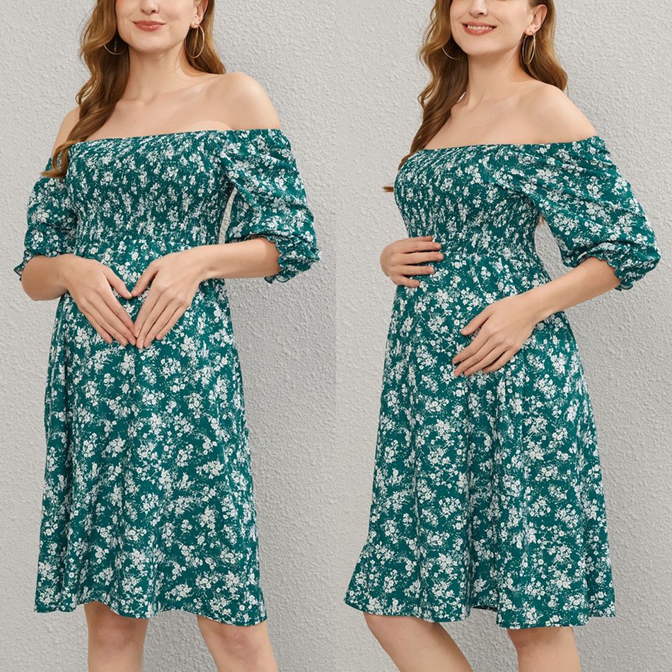 Maternity Floral Print Square Collar Short-sleeve Dress Green