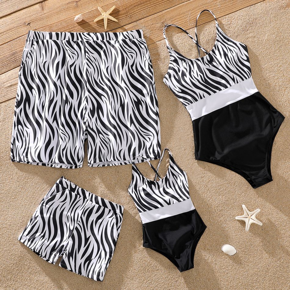 Family Matching Zebra Print Swim Trunks Shorts and Spaghetti Strap Colorblock One-Piece Swimsuit BlackandWhite big image 1