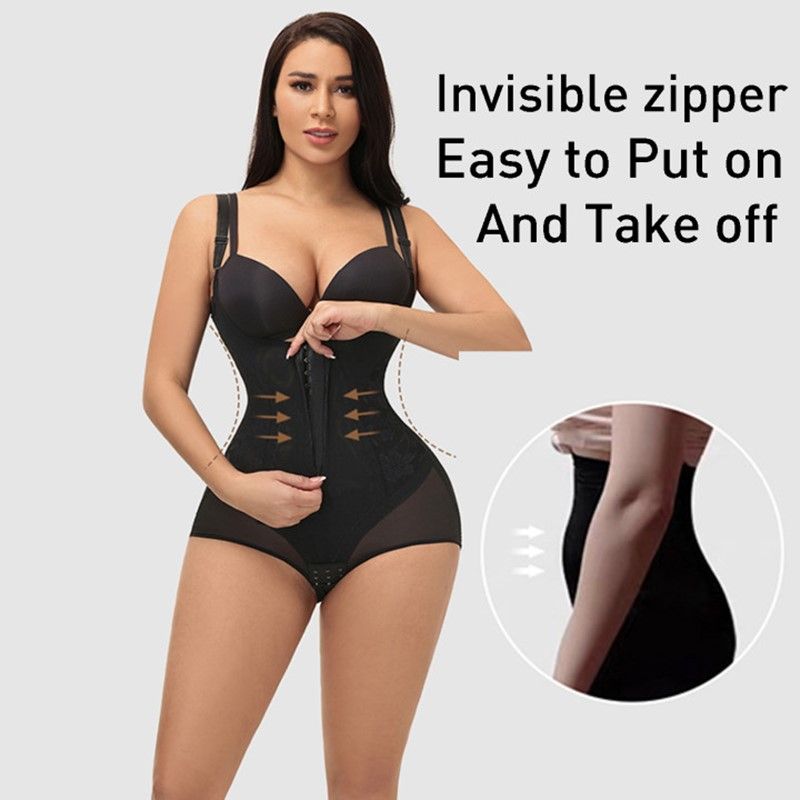 Painel de malha feminina com zíper invisível levantador de bunda controle de barriga shapewear bodysuit de busto aberto (sem almofada no peito) Preto big image 4