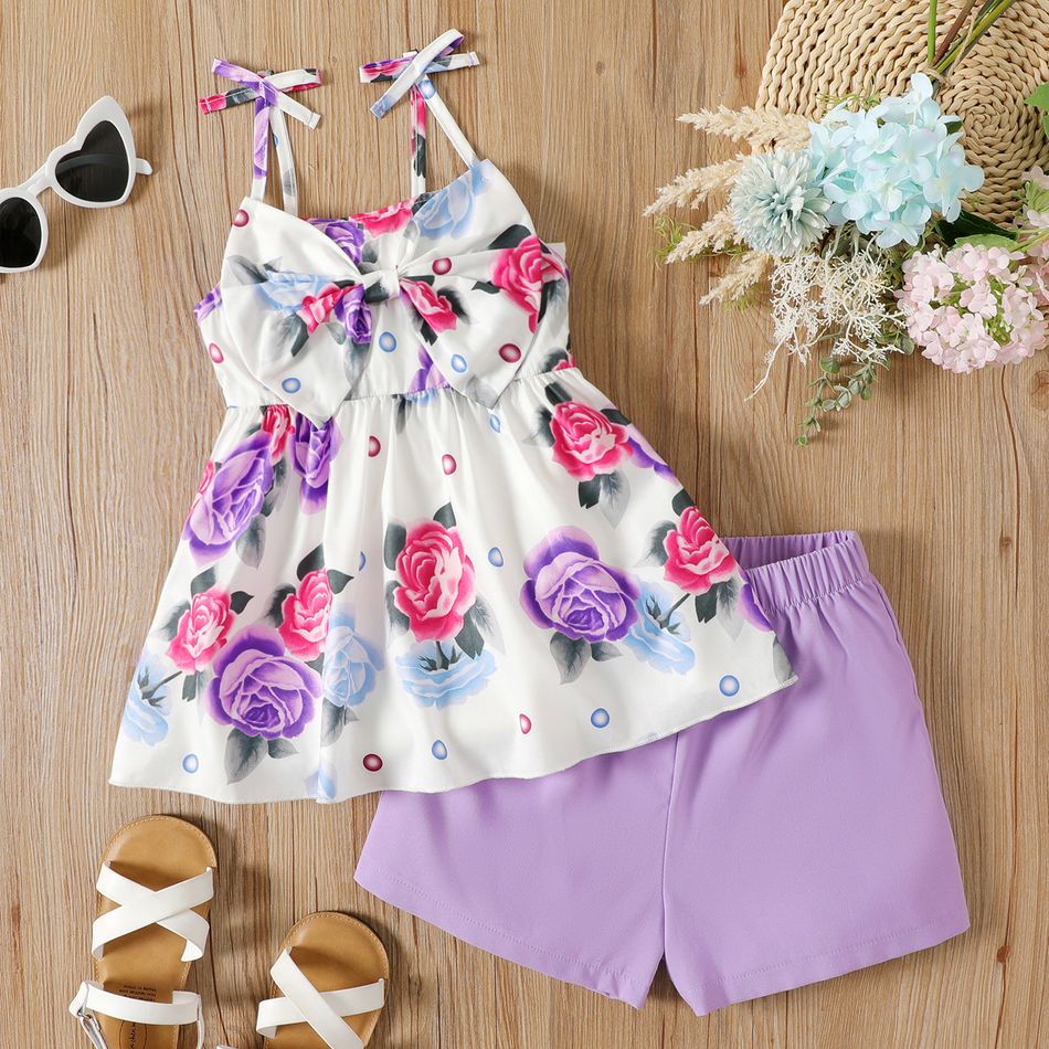 2pcs Kid Girl Floral Print Bowknot Design Camisole and Purple Shorts Set Light Purple