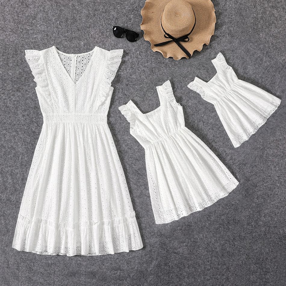 100% Cotton White Hollow-Out Floral Embroidered Ruffle Sleeveless Dress for Mom and Me White big image 18