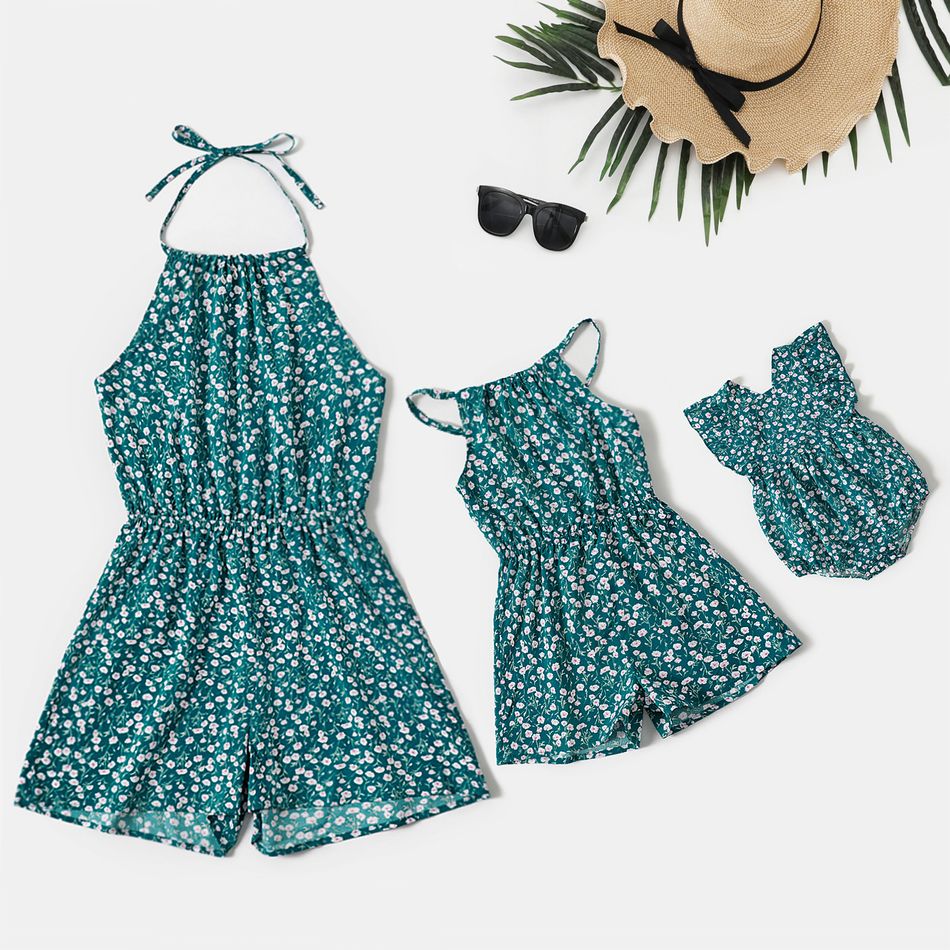 All Over Floral Print Halter Neck Self-tie Sleeveless Romper for Mom and Me Blue big image 1
