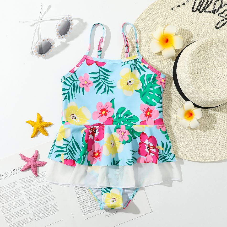 Kid Girl Floral Print Ruffled Mesh Design Onepiece Cami Swimsuit OffWhite big image 1