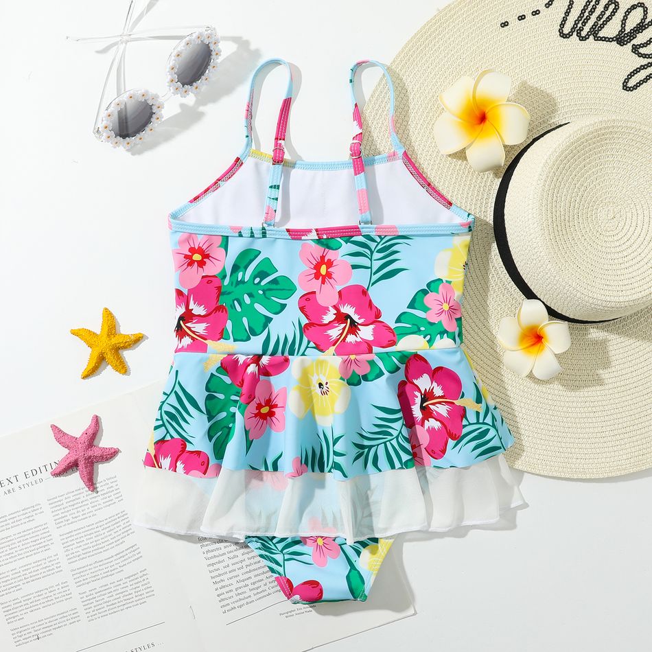 Kid Girl Floral Print Ruffled Mesh Design Onepiece Cami Swimsuit OffWhite big image 7