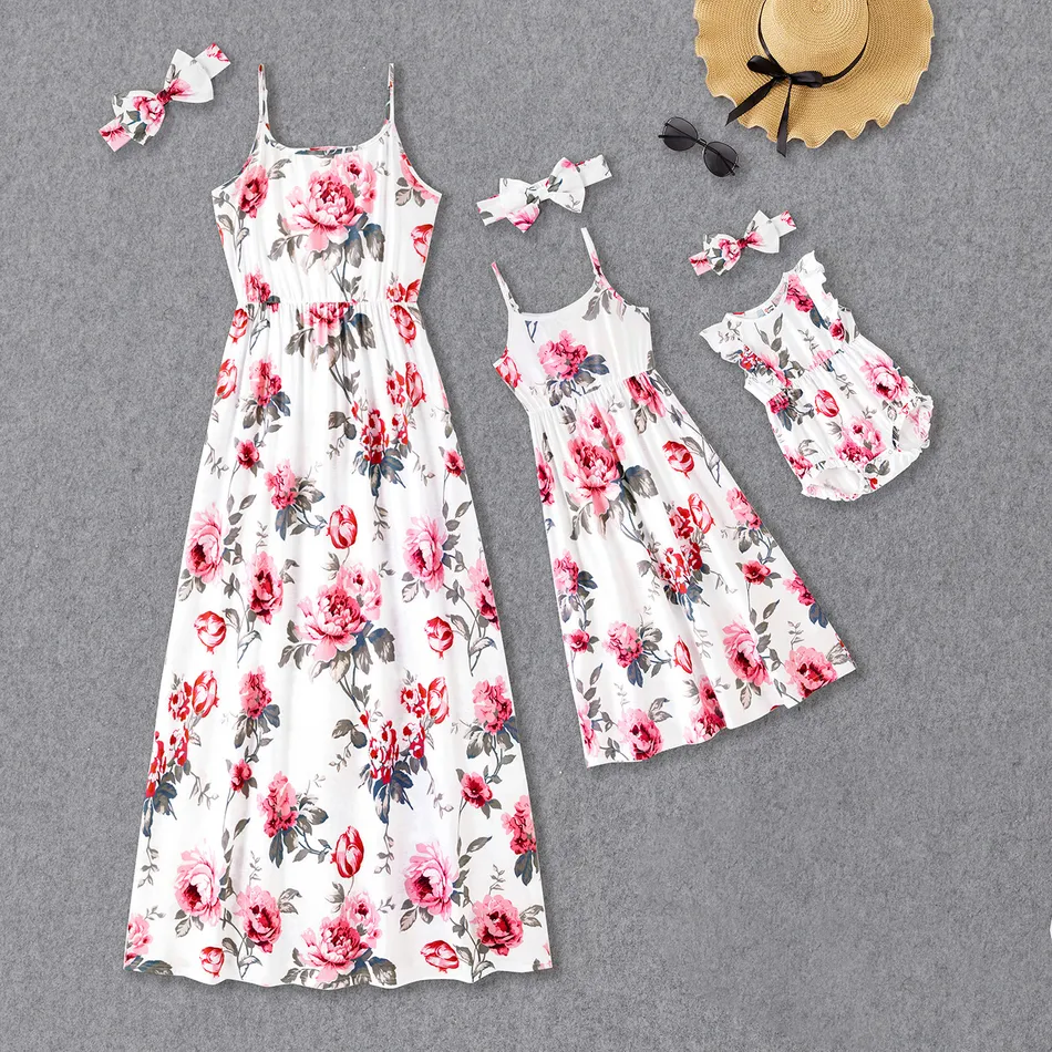 All Over Pink Floral Print Spaghetti Strap Maxi Dress for Mom and Me White