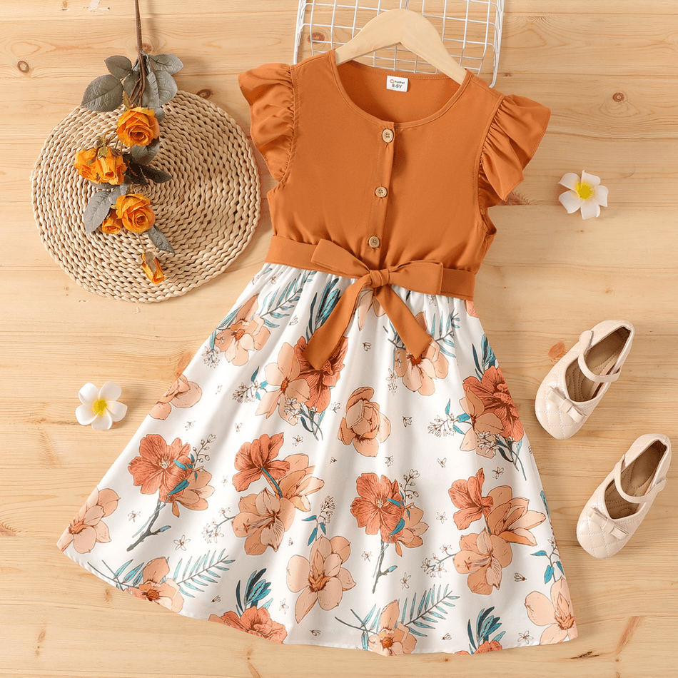 Kid Girl Ruffled Floral Print Splice Belted Flutter-sleeve Dress YellowBrown big image 1