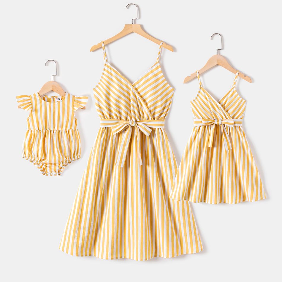 Yellow Striped V Neck Spaghetti Strap Sleeveless Belted Dress for Mom and Me yellowwhite