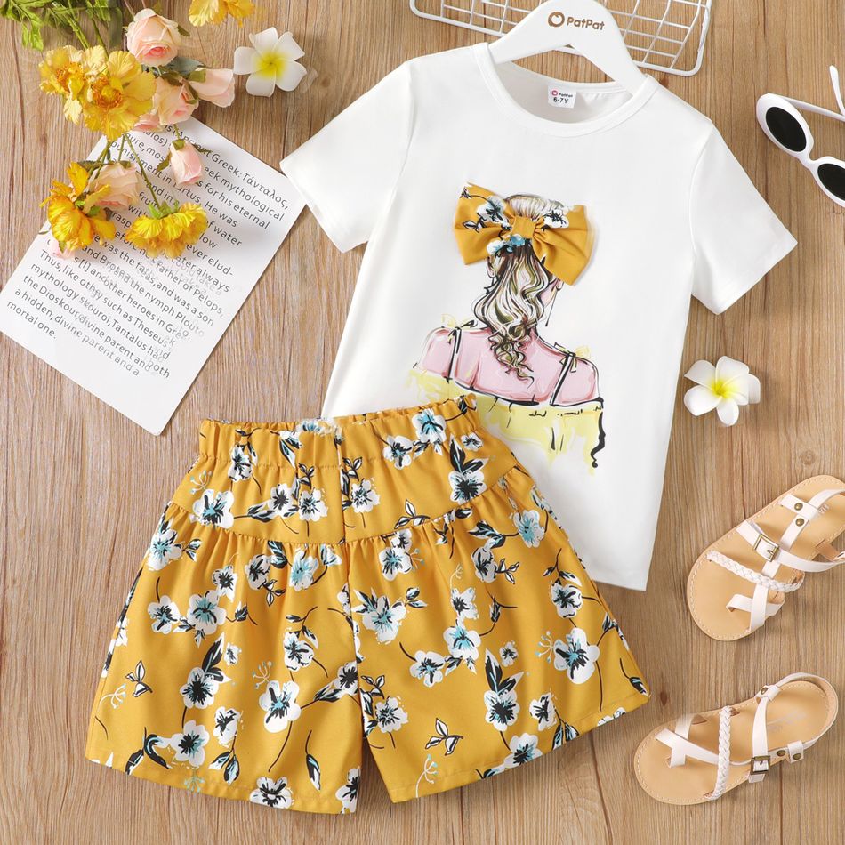 2pcs Kid Girl Cartoon Figure Print Bowknot Design and Floral Print Shorts Set yellowwhite