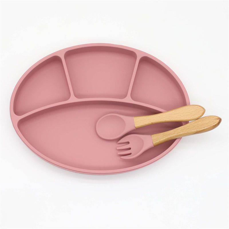 Silicone Toddler Suction Plates with Spoon and Fork Set Kids Divided Dinner Plates Self Feeding Training Safe Kids Dishes Easy to Clean Dark Pink