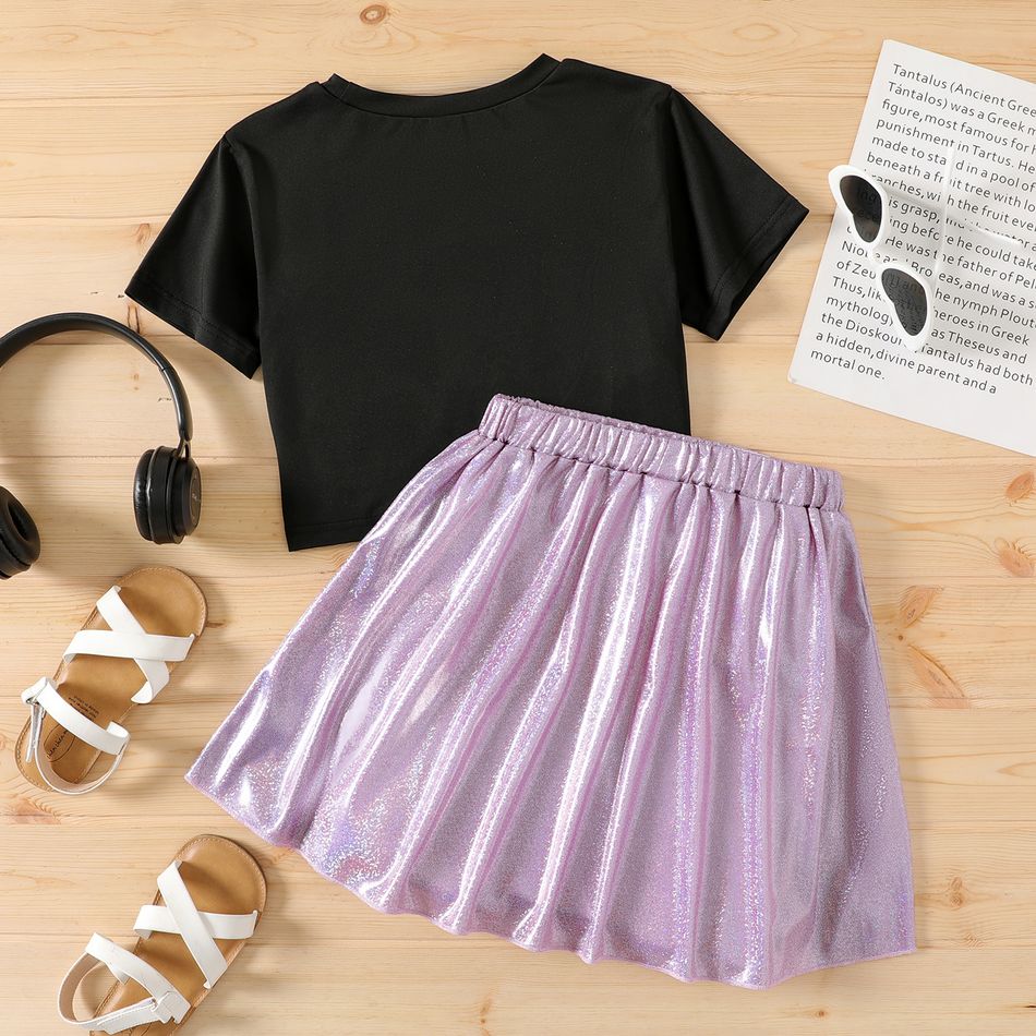2pcs Kid Girl Letter Print Short-sleeve Black Tee and Glitter Metallic Skirt Set Black/White big image 2