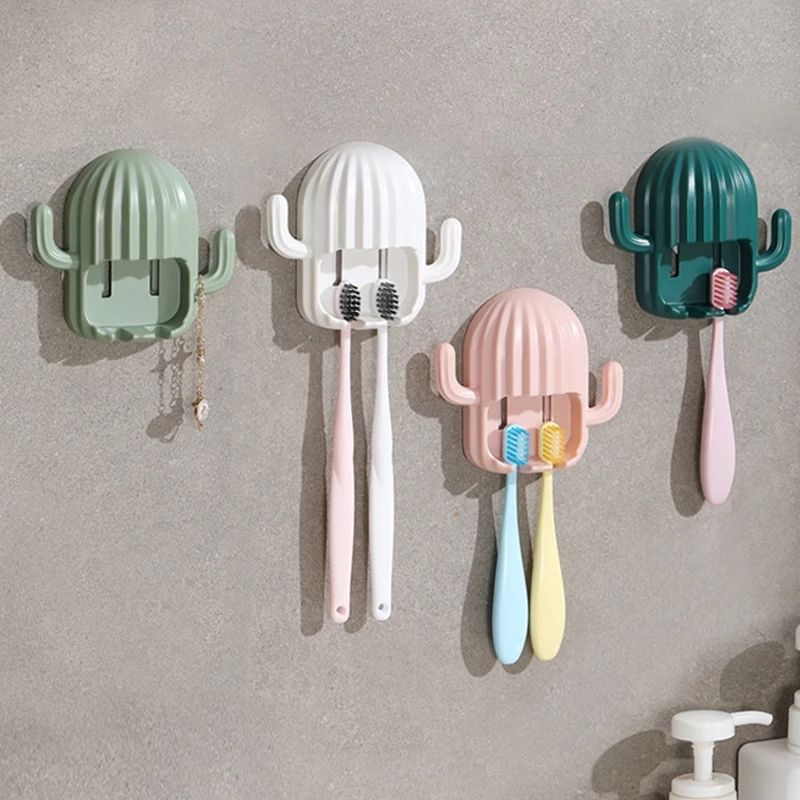 Cactus Toothbrush Holder Wall-Mounted Free Punch Tooth Brush Storage Rack Bathroom Accessories Pink big image 10