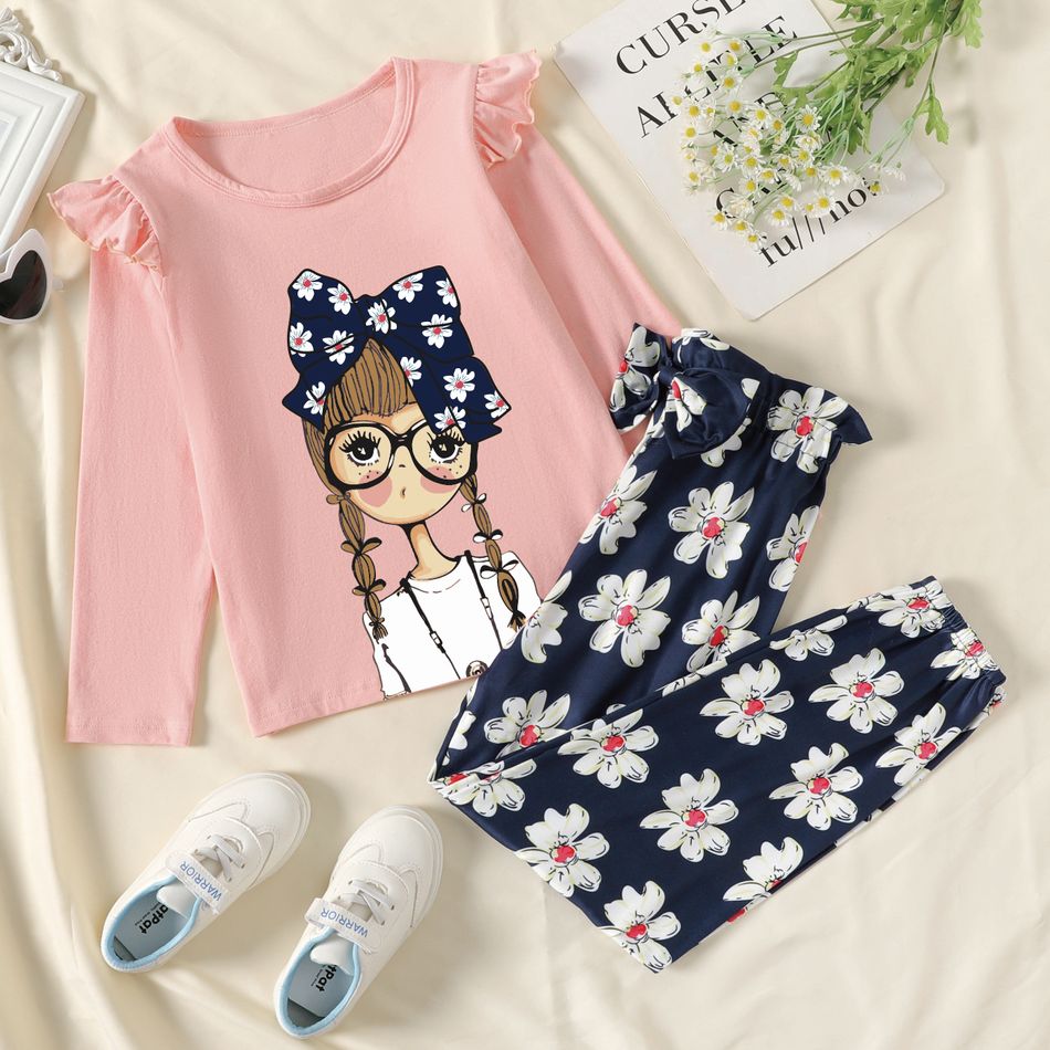 2pcs Kid Girl Ruffled Figure Print Pure Cotton Tee and Floral Print Bowknot Design Pants Set Pink