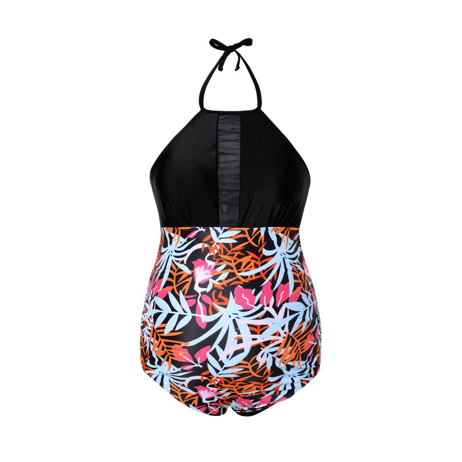Maternity Floral Print Mesh Panel Halter One Piece Swimsuit Black