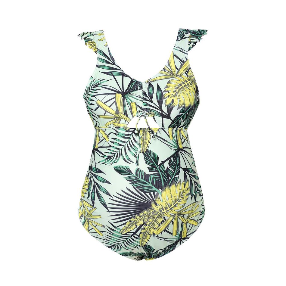 Maternity Floral Print Ruffle Cap Sleeve One Piece Swimsuit Green