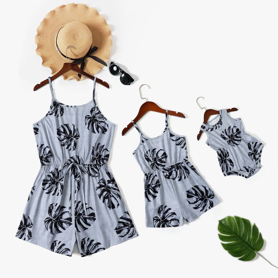 All Over Palm Leaf Print Spaghetti Strap Romper for Mom and Me Grey big image 1