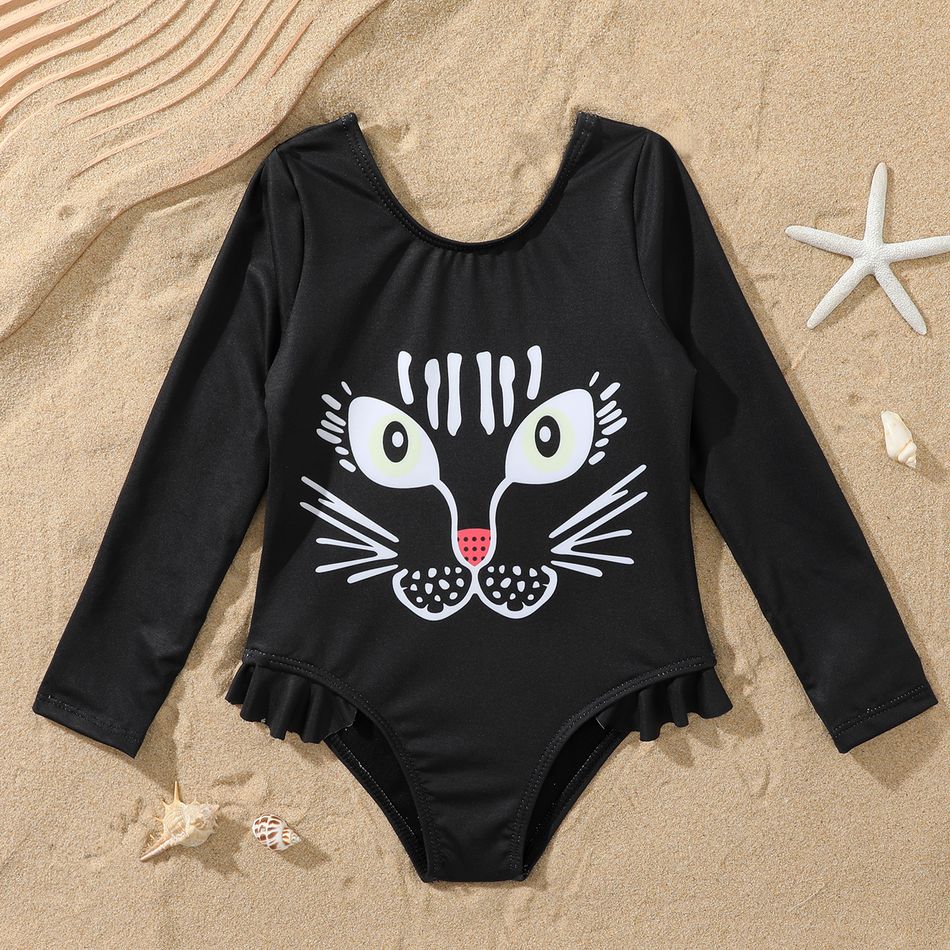 Toddler Girl Animal Print Ruffled Long-sleeve Black Onepiece Swimsuit Black big image 1