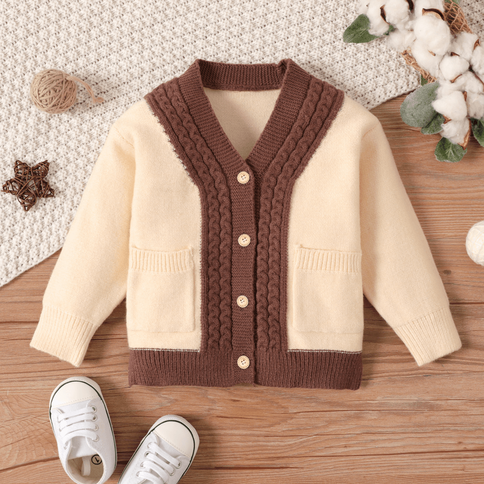 Baby Boy/Girl Long-sleeve Button Front Contrast Color Knitted Cardigan Sweater Apricot big image 1