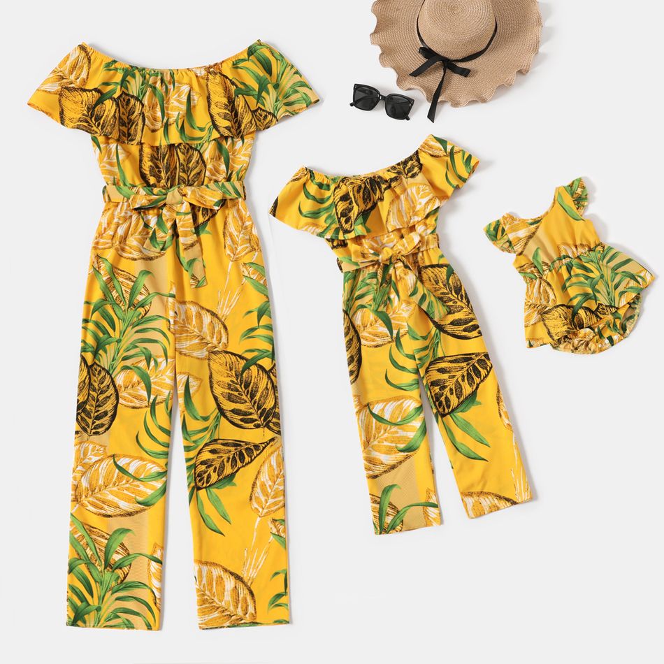 All Over Plants Print Yellow Off Shoulder Strapless Ruffle Belted Jumpsuit for Mom and Me Yellow big image 1