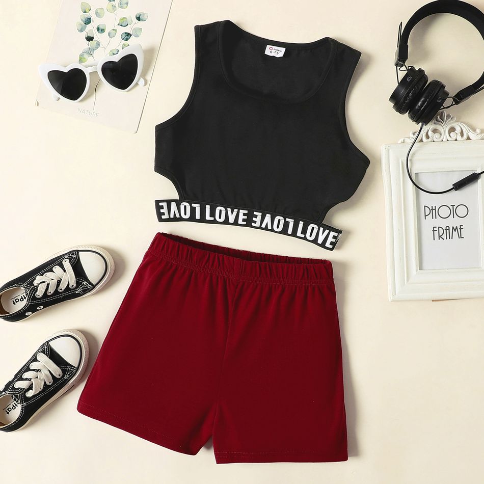 2pcs Kid Girl Letter Print Cut Out Black Tank Top and Red Shorts Set redblack