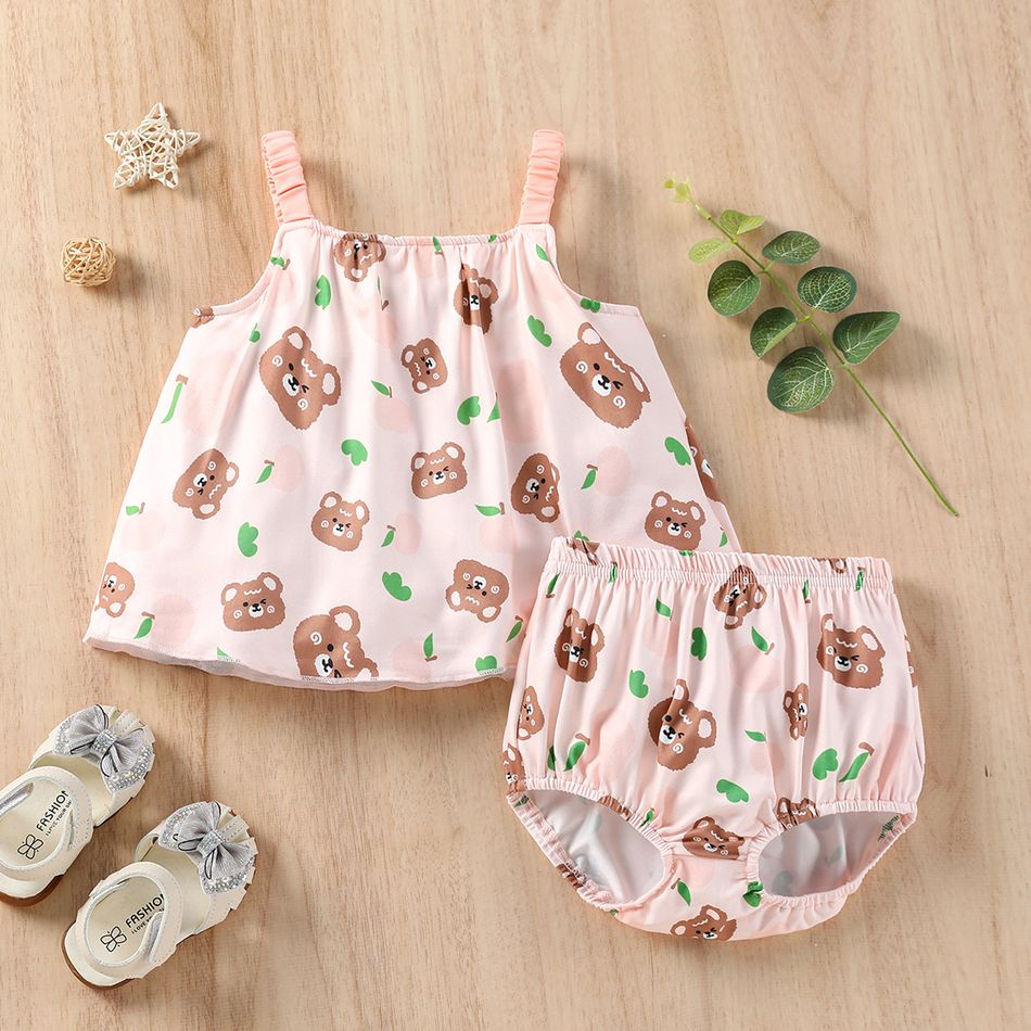 Sleepy Eyes Baby Girl 2pcs Bear Allover Sleeveless Sling Top and Shorts Pink Set Light Pink