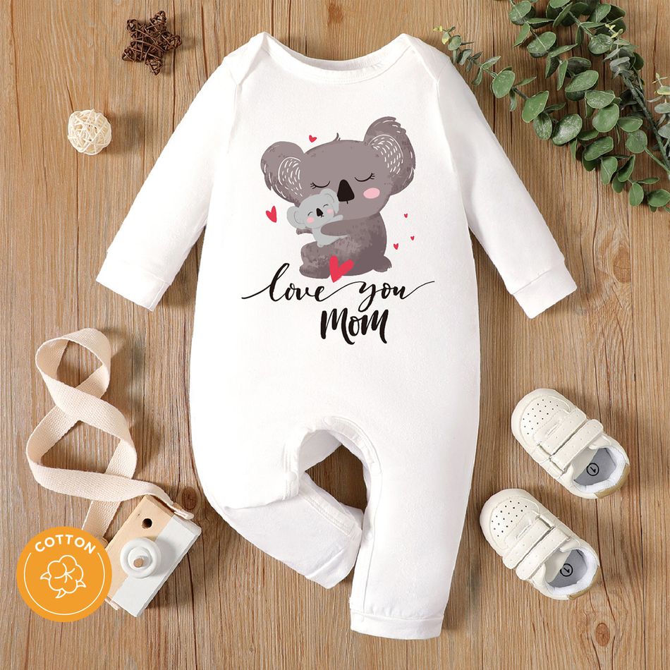 Mother's Day Baby Girl 95% Cotton Long-sleeve Cartoon Koala and Letter Print Jumpsuit White