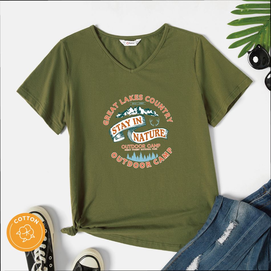 Women Graphic Animal Print V Neck Short-sleeve T-shirt Army green