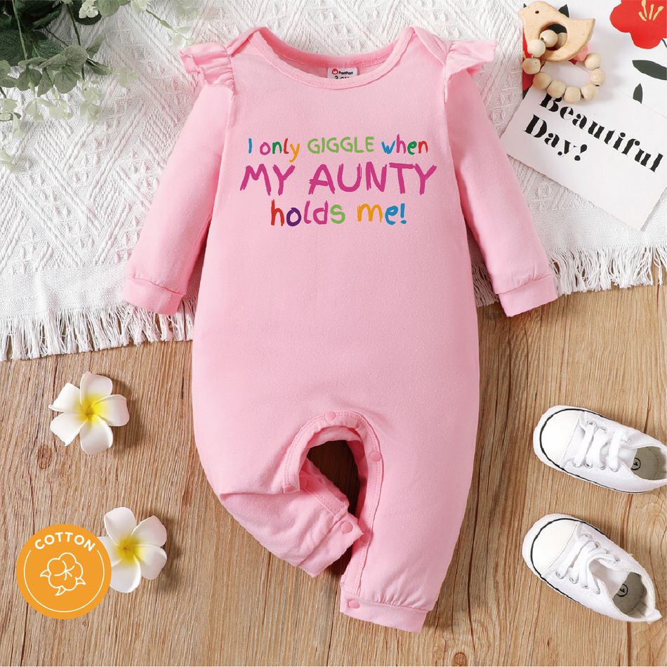 Baby Girl 95% Cotton Long-sleeve Letter Print Pink Ruffle Jumpsuit Light Pink