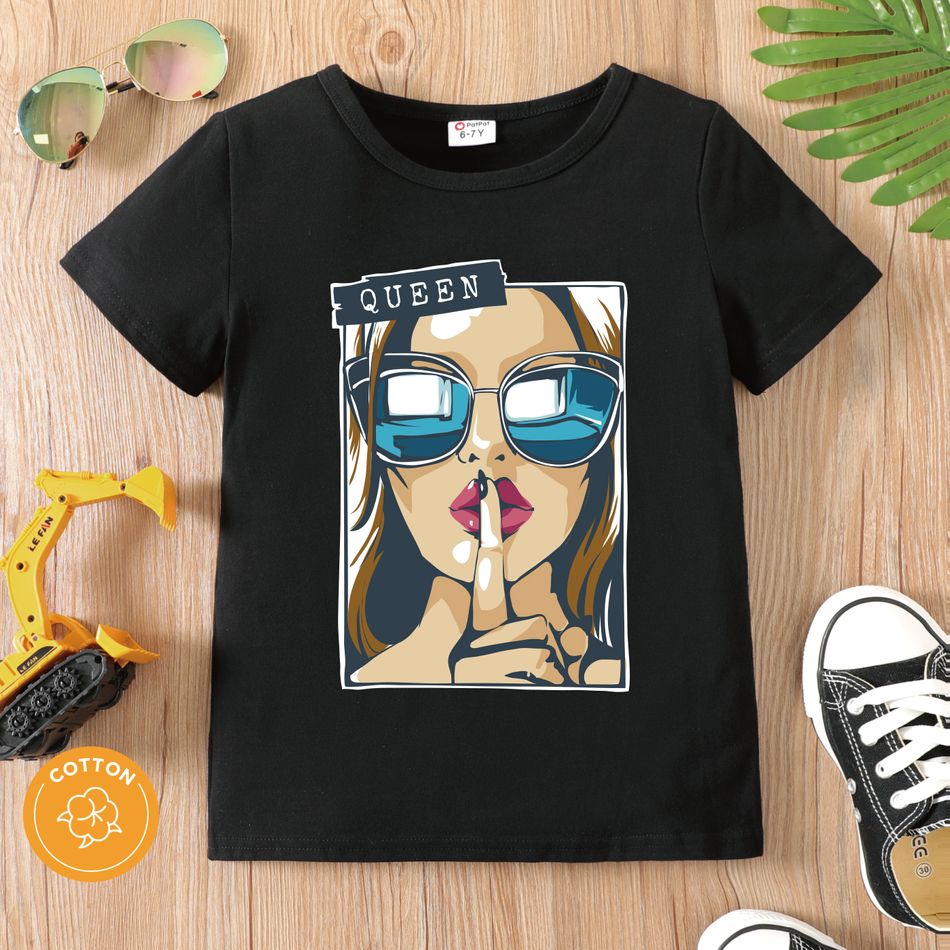 Kid Girl Letter Figure Print Short-sleeve Cotton Tee Black