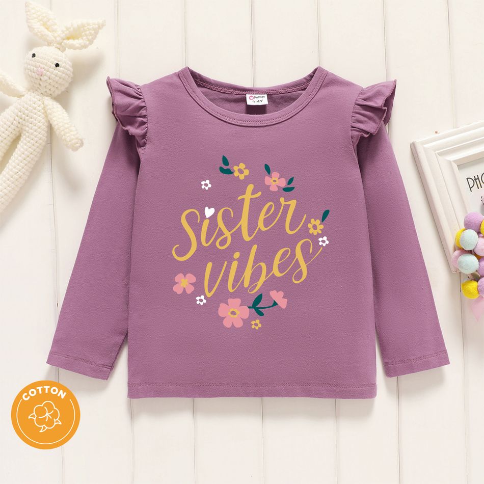Toddler Girl Graphic Letter and Floral Print Ruffled Long-sleeve Tee Lavender