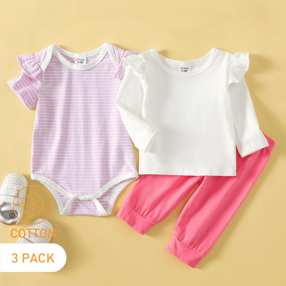 3-Pack Baby Cotton Solid Color & Striped Romper Tee Pants Set Multi-color