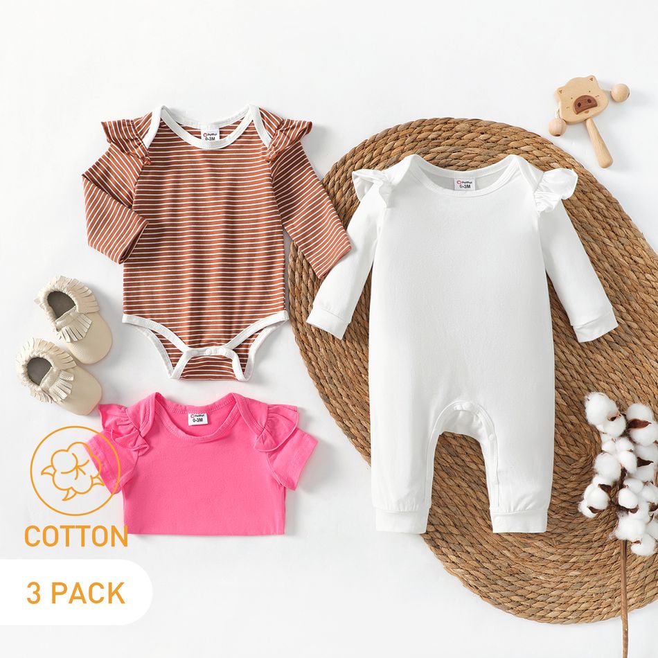 3-Pack Baby Cotton Solid Color & Striped Romper Jumpsuit Set Multi-color