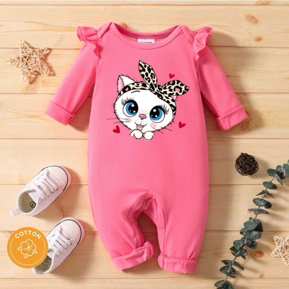 Baby Girl Cartoon Leopard Cat Print Ruffle Long-sleeve Jumpsuit Dark Pink