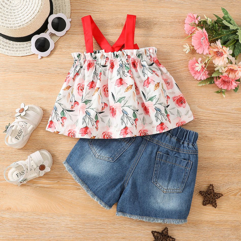 2pcs Baby Girl All Over Floral Print Spaghetti Strap Bowknot Top and Ripped Denim Shorts Set Light Blue big image 2