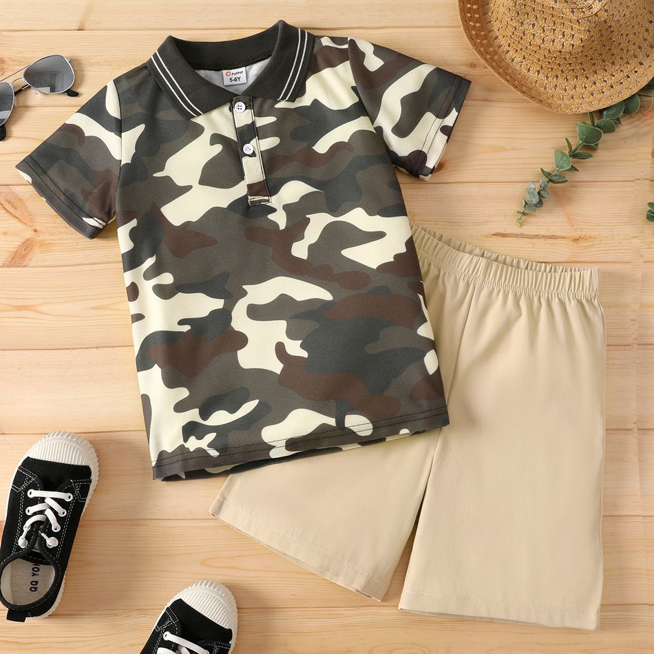 2pcs Kid Boy Camouflage Print Short-sleeve Pique Polo Shirt and Shorts Set Khaki big image 1