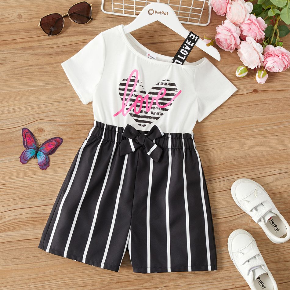 Kid Girl Letter Heart Print Striped Bowknot Design Short-sleeve Strap Rompers BlackandWhite