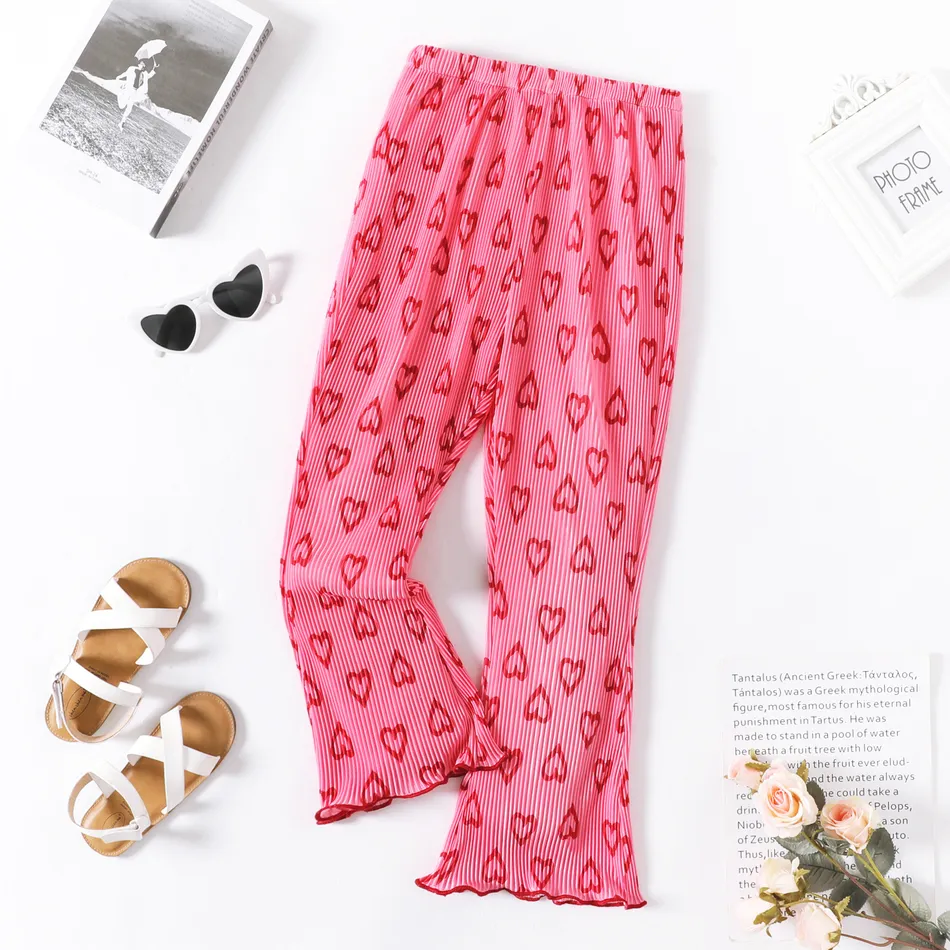 Kid Girl Heart Print Lettuce Trim Pink Elasticized Pleated Flared Pants Pink