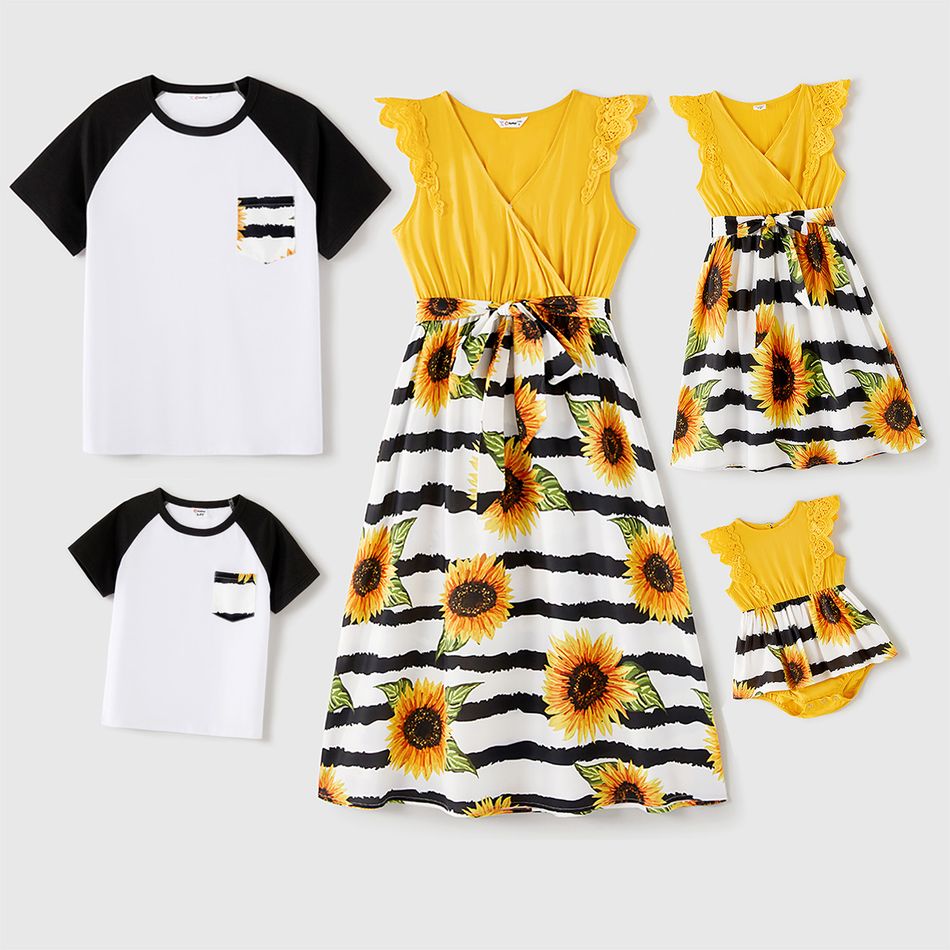 Family Matching Lace Flutter-sleeve Solid Splicing Sunflower Striped Dresses and Raglan-sleeve T-shirts Sets ColorBlock