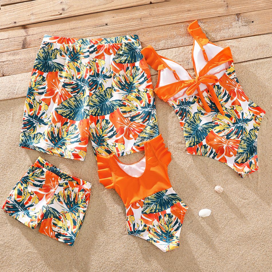 Family Matching Orange and All Over Tropical Plant Print Splicing Ruffle One-Piece Swimsuit and Swim Trunks Shorts Orange big image 5