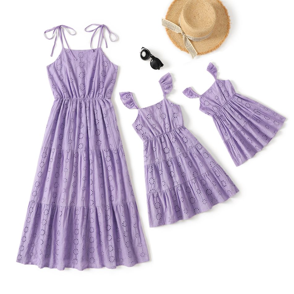 100% Cotton Purple Hollow Out Floral Embroidered Spaghetti Strap Tiered Dress for Mom and Me Purple