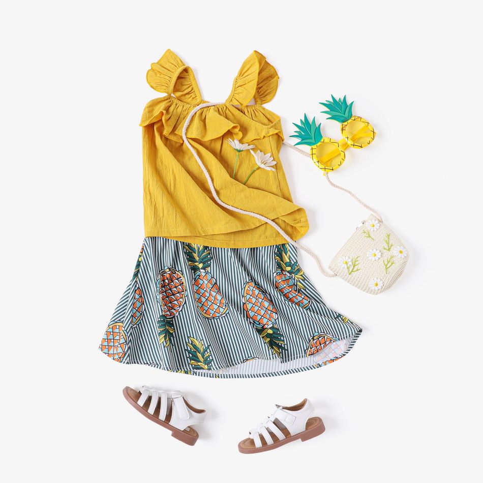 2pcs Toddler Girl 100% Cotton Ruffled Yellow Camisole and Pineapple Stripe Skirt Set Color block
